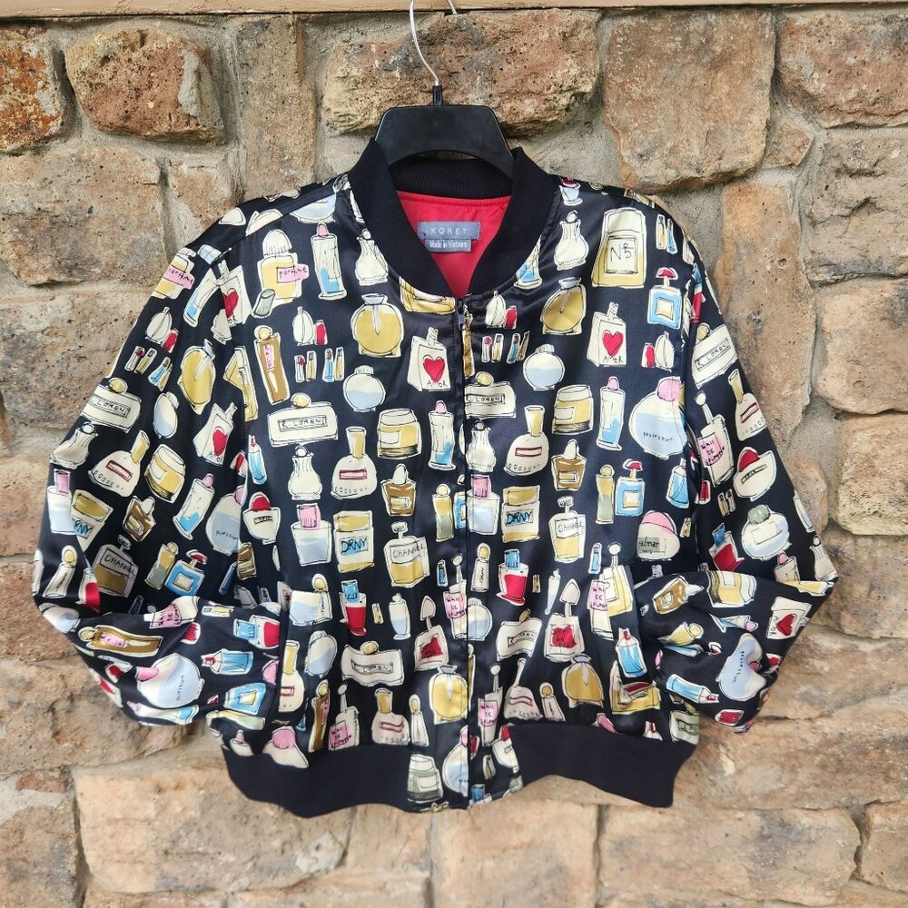 Koret Women's Perfume Bottle Print Satin Bomber Jacket Black/Multicolor XL